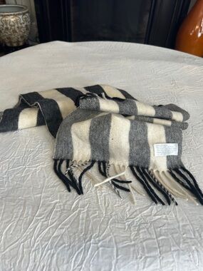 Ann Taylor Black and Cream Striped Fringe Scarf